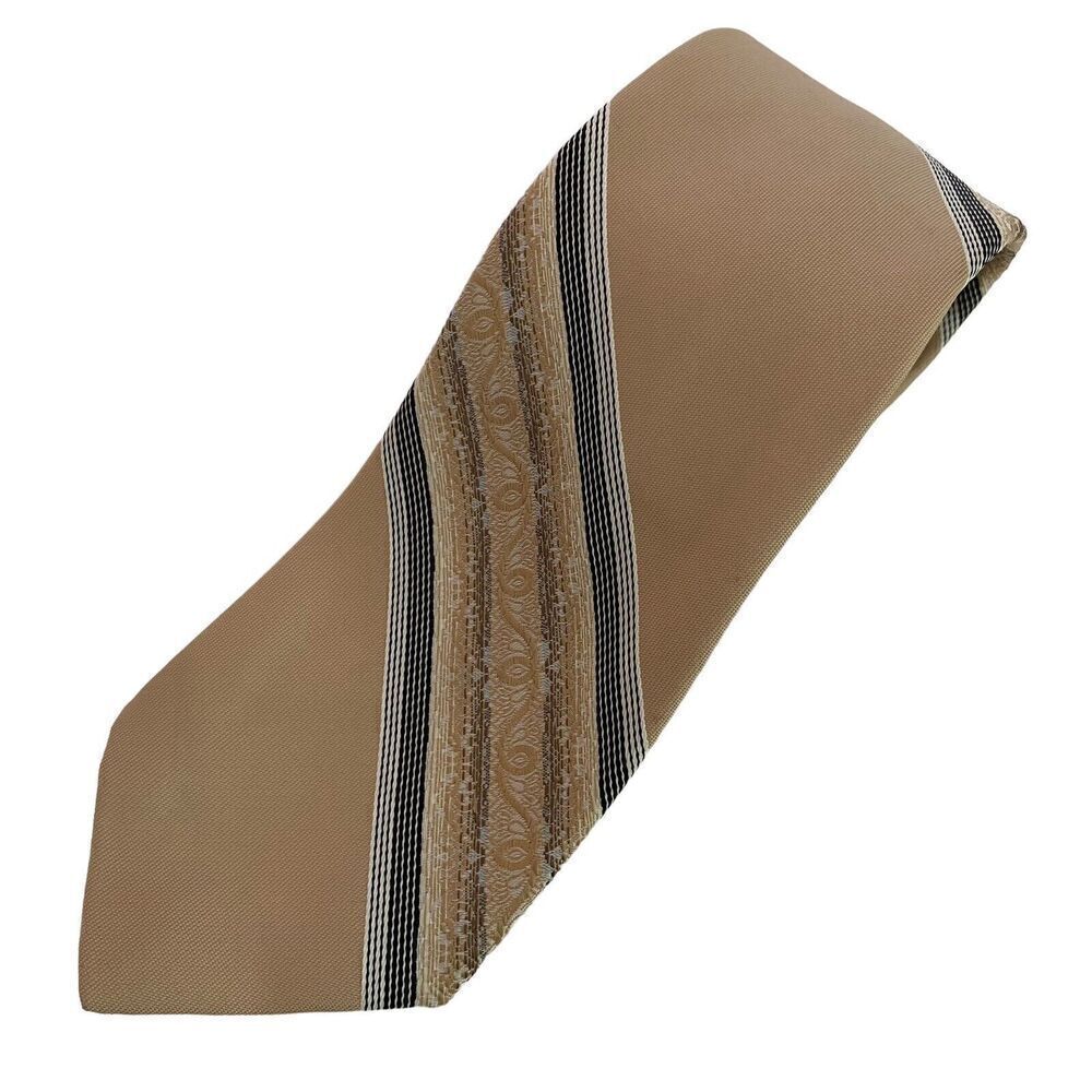 Vintage 60s 70s Necktie Mens Tie Polyester Beige Repp Stripe Madmen Office